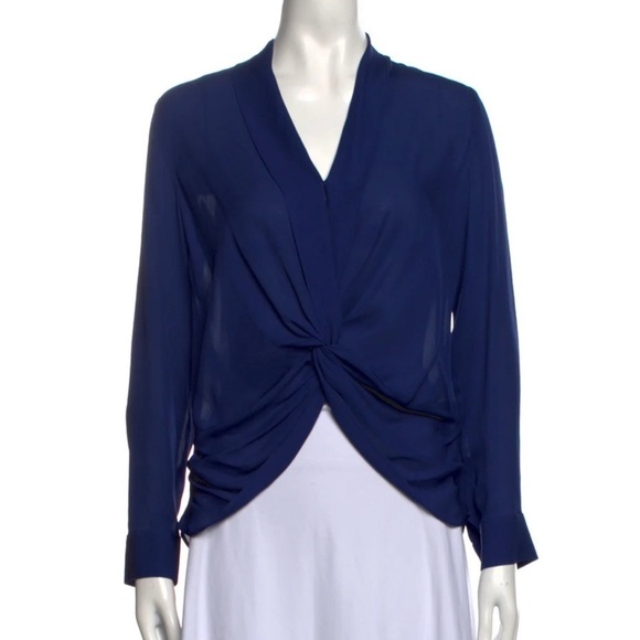 L'AGENCE Silk Long Sleeve V-Neck Knotted Blouse in Blue Size Extra Small - Picture 7 of 7